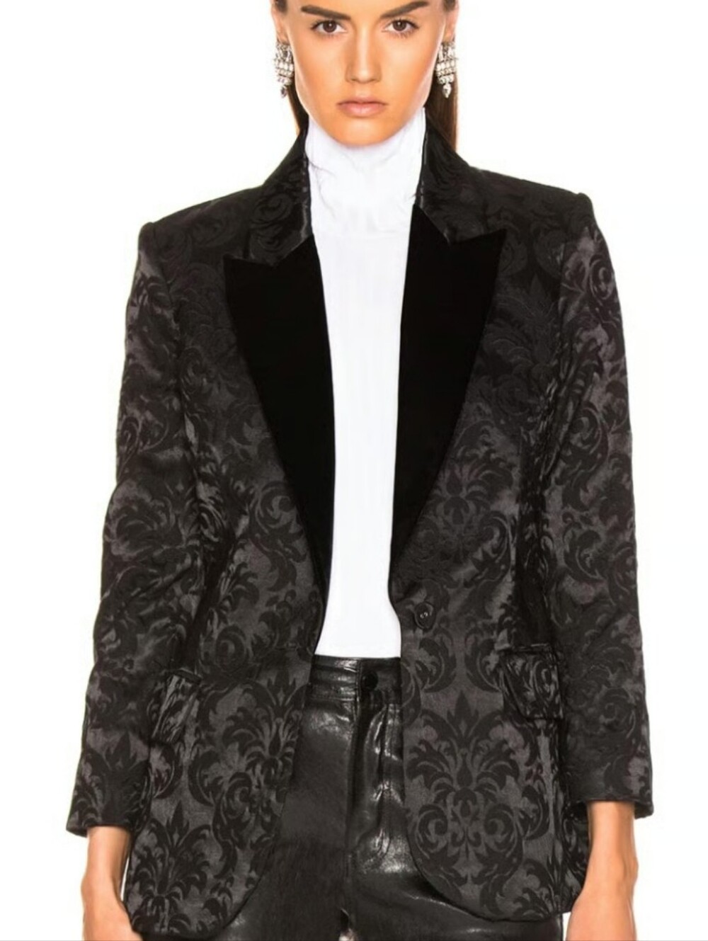 L'Agence Black Floral Jacquard Blazer with Velvet Lapel Size 6